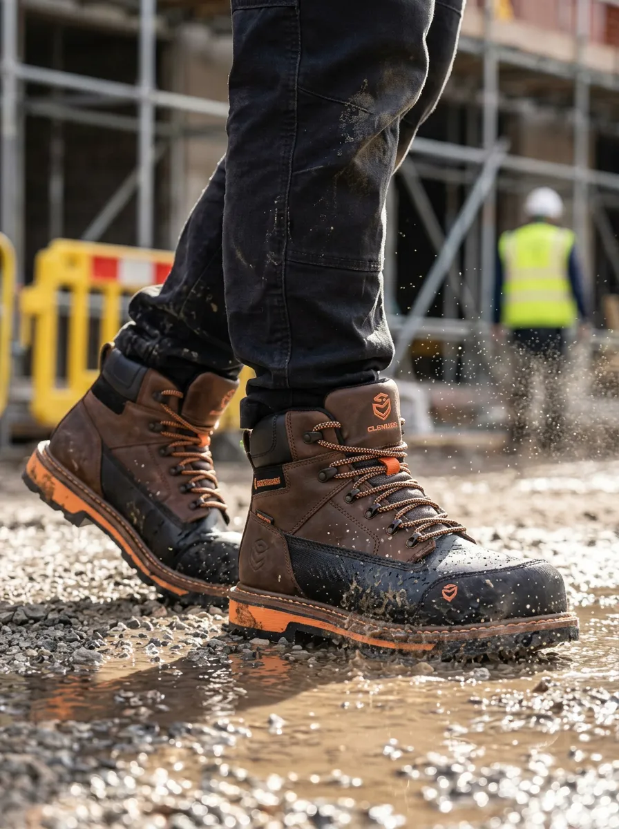 Men's Construction Waterproof Brown Leather Printed Work Boots