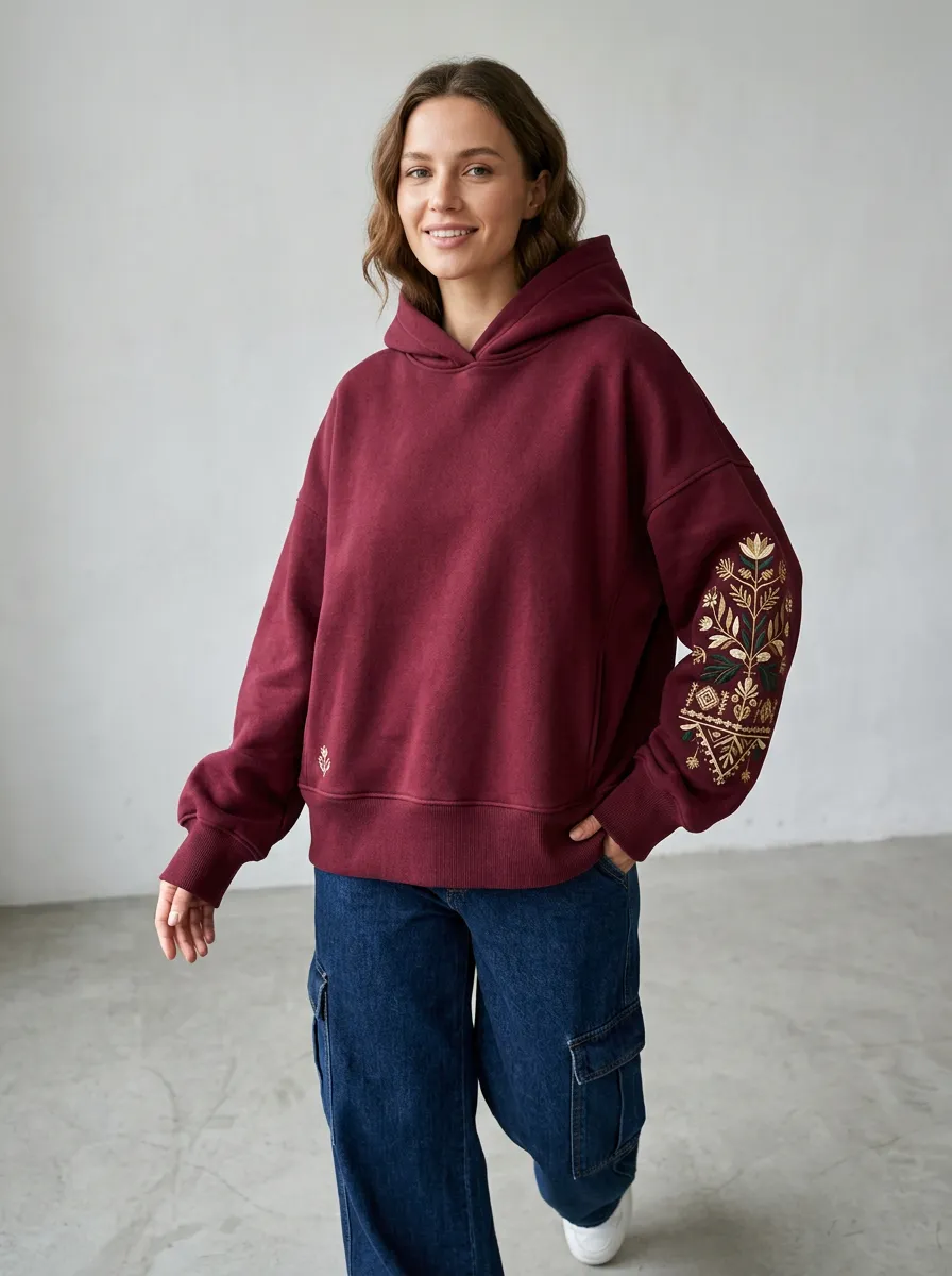 Women's Floral Folk Embroidered Graphic Sleeve Art Everyday Comfort Hoodie