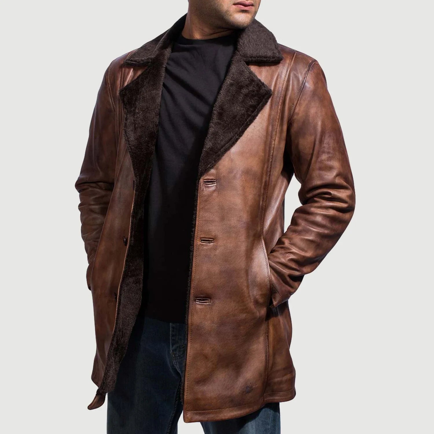 Men's Leather Fur Trim Distressed Coat