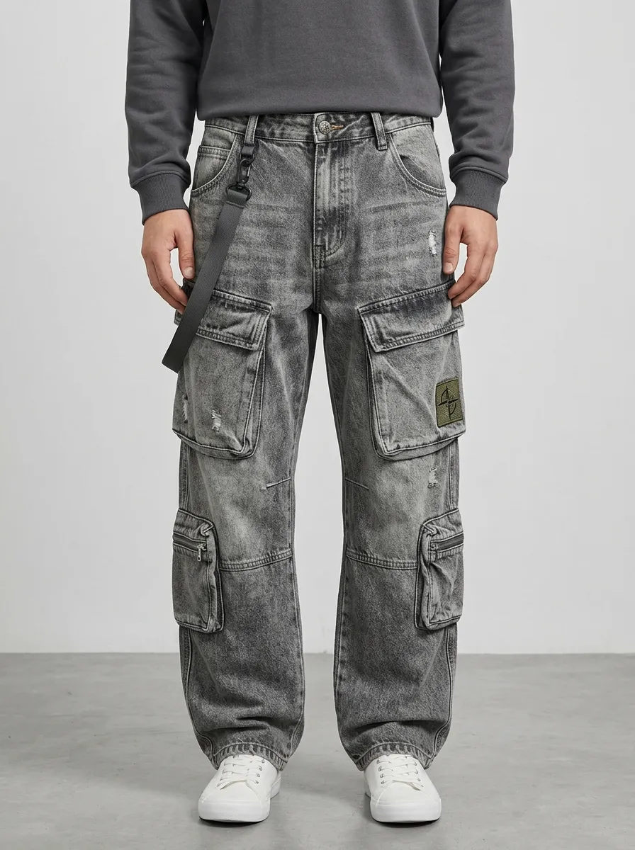 Men's Streetwear Acid Wash Distressed Multi-Pocket Cargo Jeans