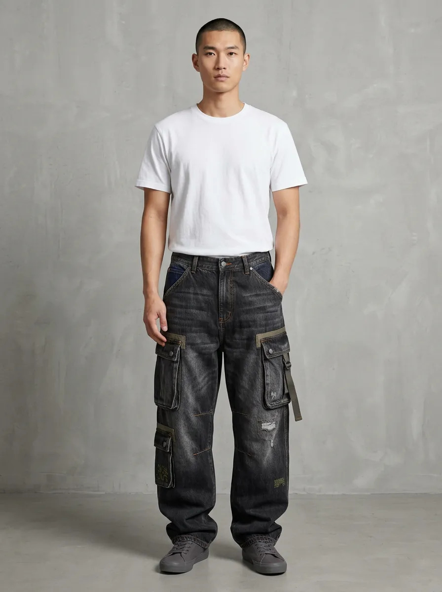Men's Outpost Streetwear Distressed Denim Multi-Pocket Cargo Jeans