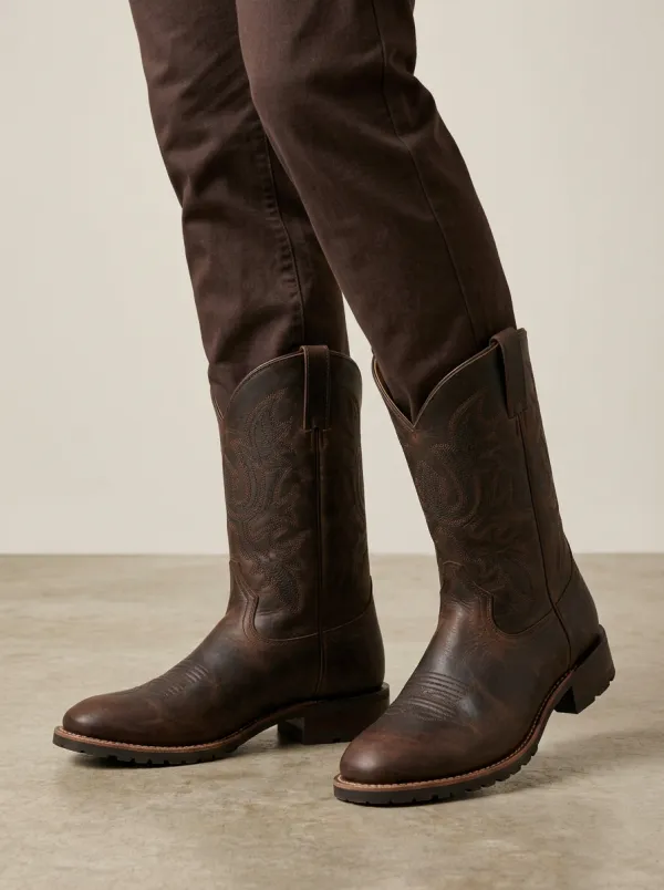 Men's Classic Western Brown Leather Embroidered Printed Boots