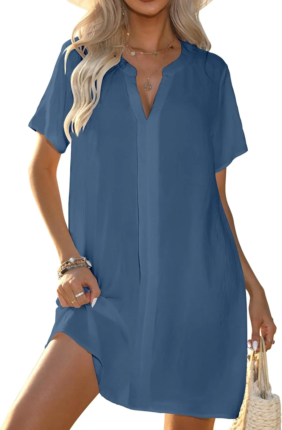 Women's Swimsuit Coverup V Neck Short Sleeve Beach Cover Ups