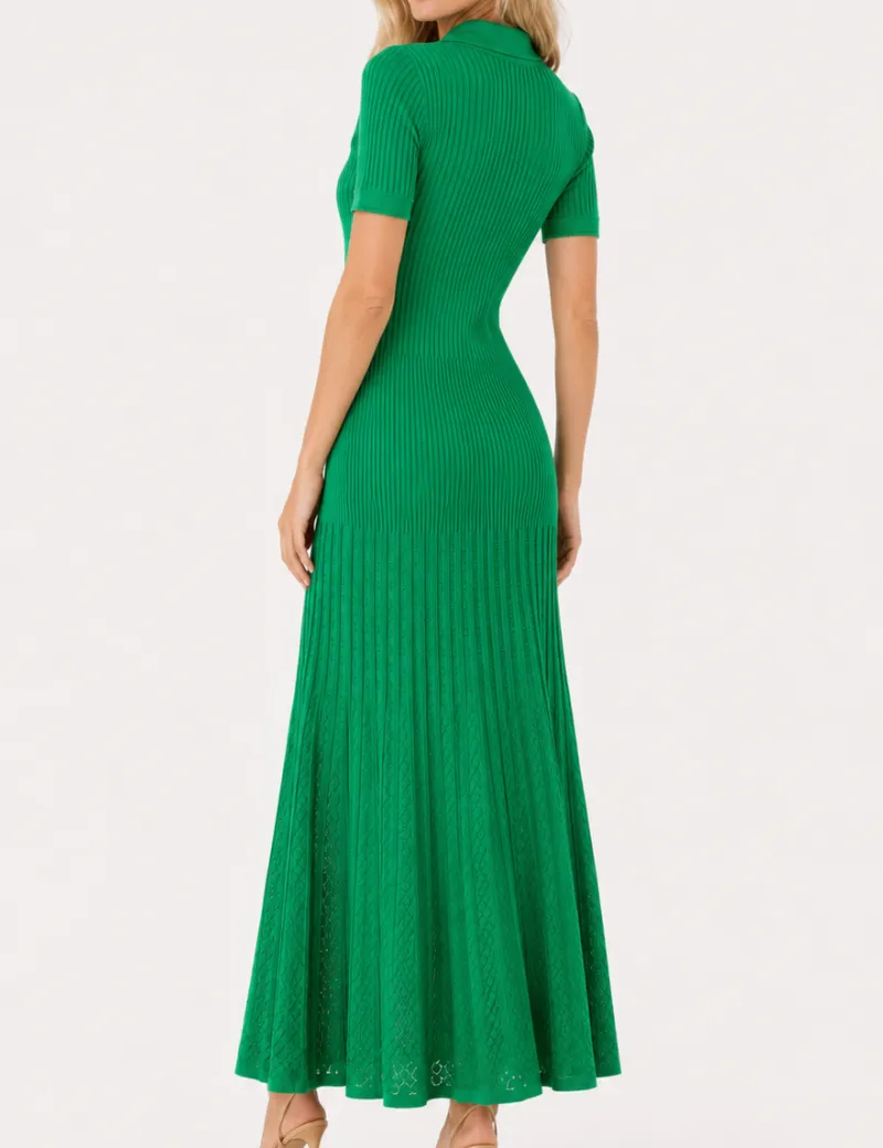 Chic Ribbed Polo Collar Short Sleeves Maxi Dress