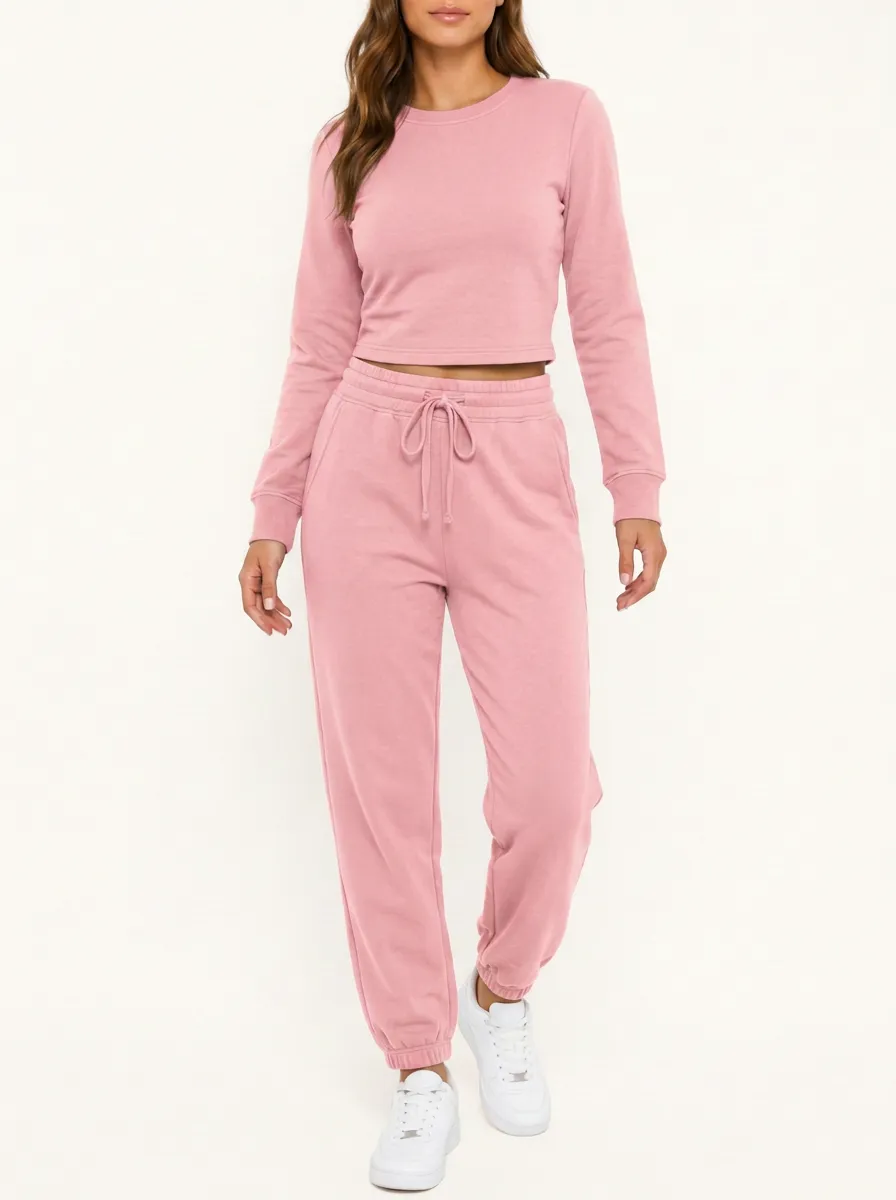 Women's Cropped Crewneck Elastic-Cuff Jogger Set