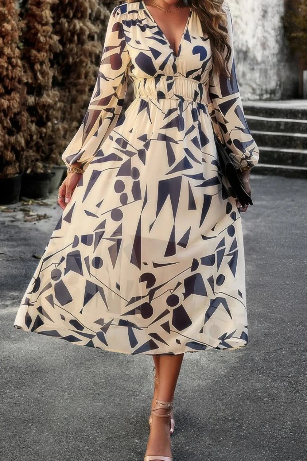 Boho V Neck Flared High Waist Long Sleeve Dress