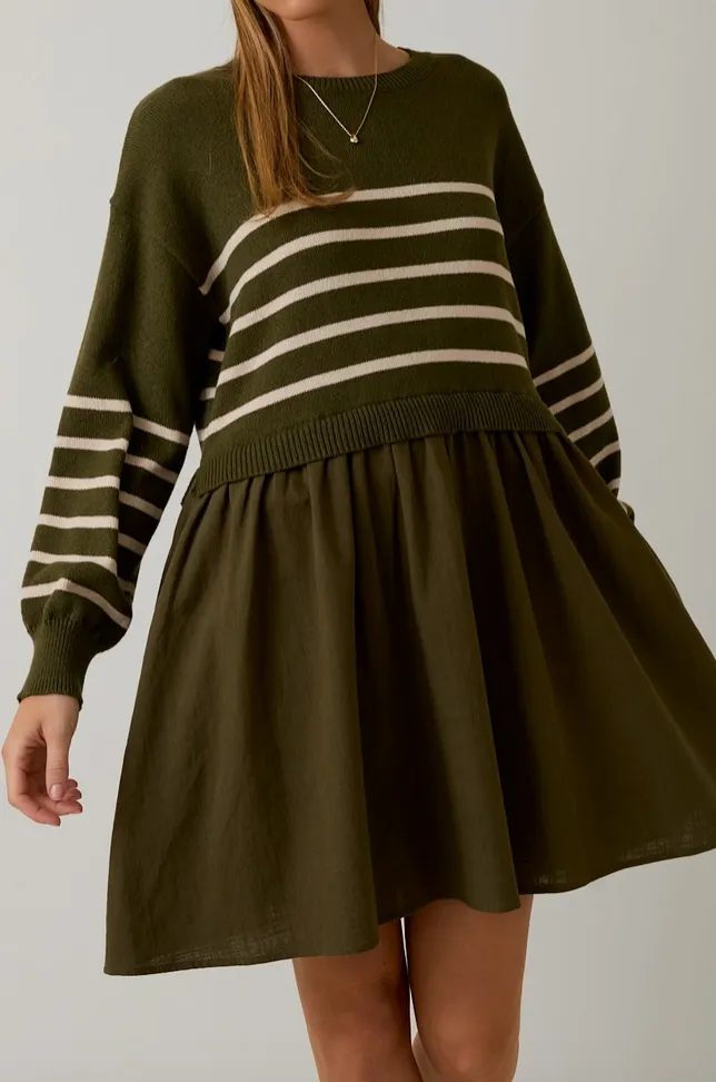 Olive Stripe Sweater Mix Mini Dress