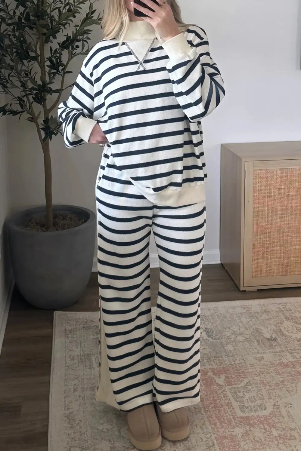 Women's Striped Ribbed Cuff Collar Pocket Loose Pant Set