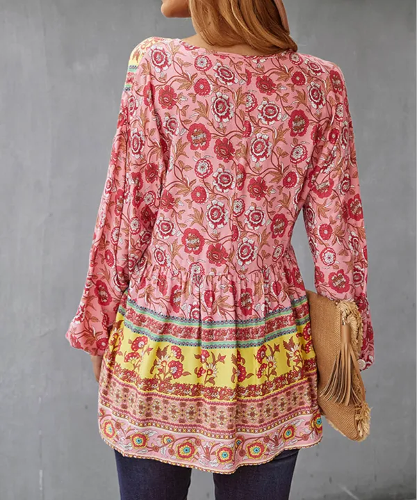 Floral Print Loose Drawstring V Neck Blouse