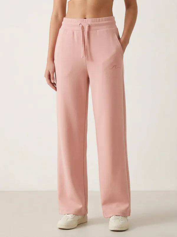 Women's Minimalist Wave Embroidery Solid Beige Printed Sweatpants