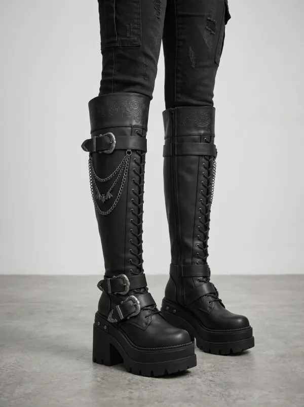 Classic Gothic Bat Lace Lace-Up Design Women's Gothic Platform Knee High Boots