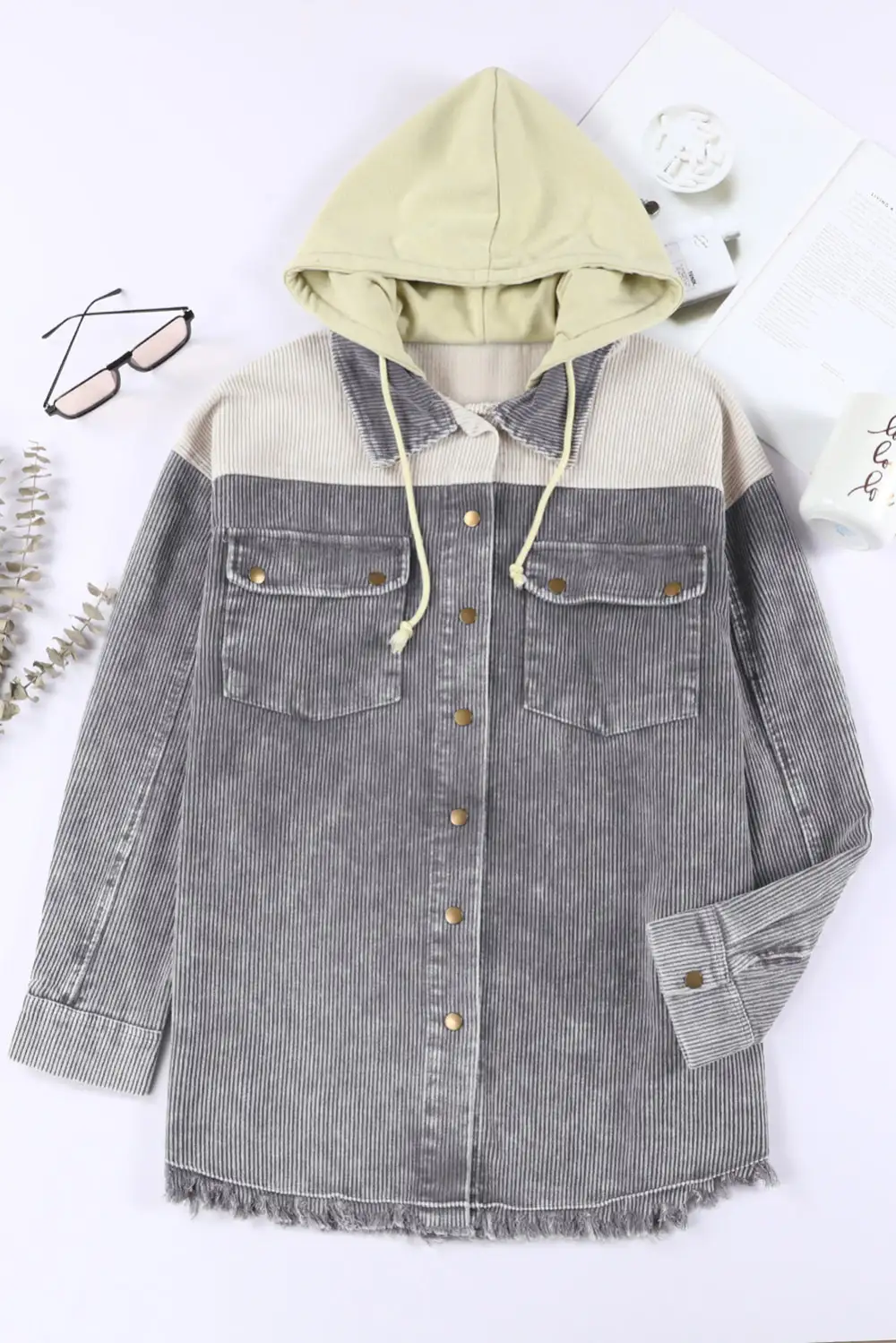 Women's Colorblock Button Down Hooded Corduroy Jacket