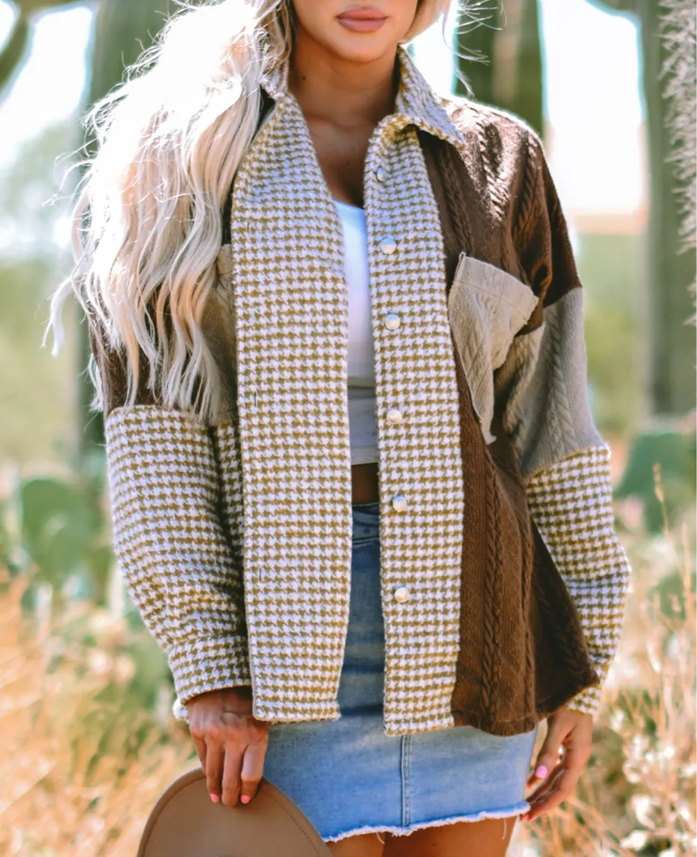 Women's Houndstooth Color Contrast Textured Patchwork Loose Shacket