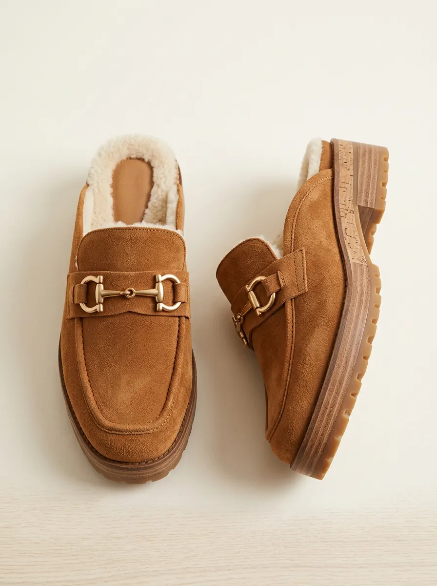 Women's Classic Faux Fur Lined Buckle Detail Platform Suede Wood Sole Loafers
