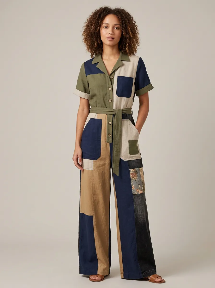 Women's Casual Boho Patchwork Colorblock Graphic Jumpsuit