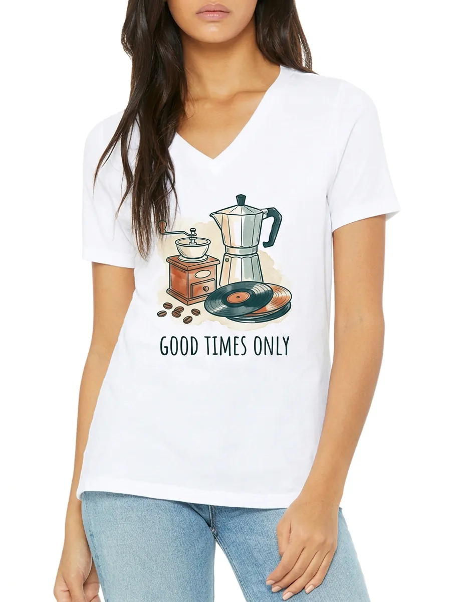 Women's Coffee Vinyl Lover Good Times Printed V-neck T-Shirt