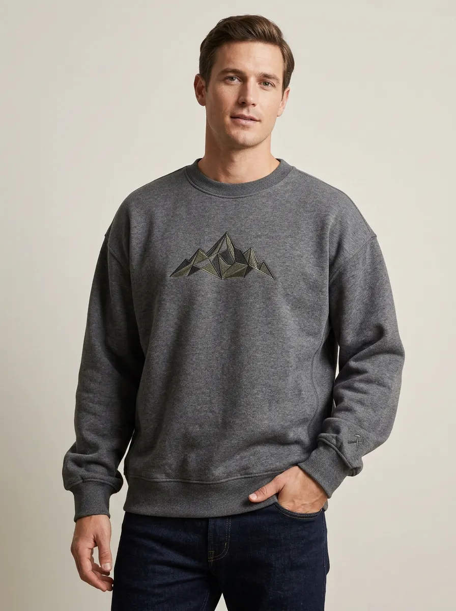 Men's Charcoal Grey Outdoor Geometric Mountain Fleece Sweatshirt