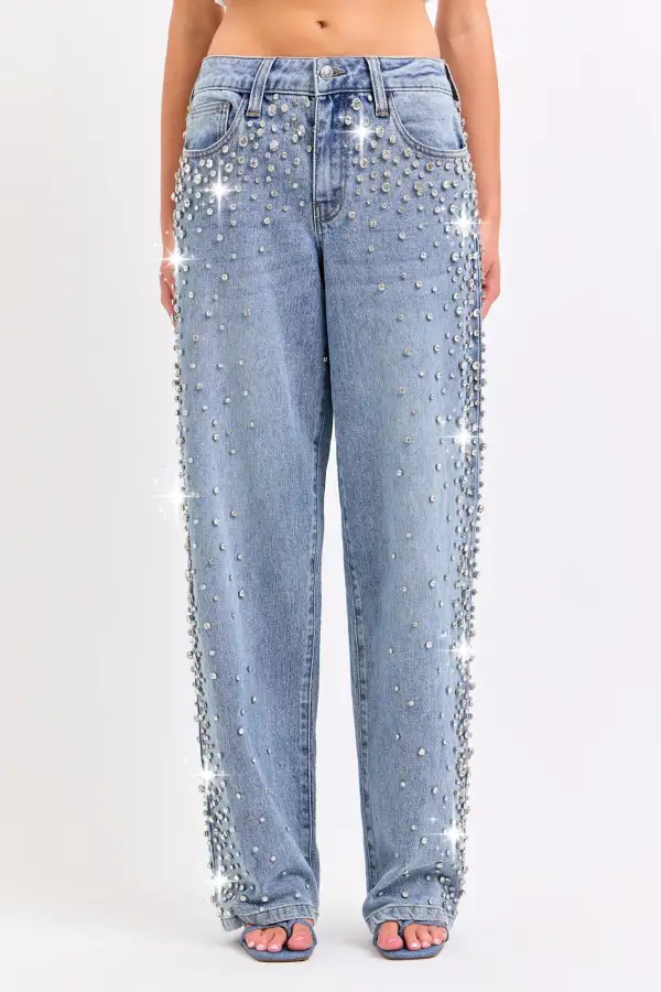 Embellished High Rise Wide Leg Jeans