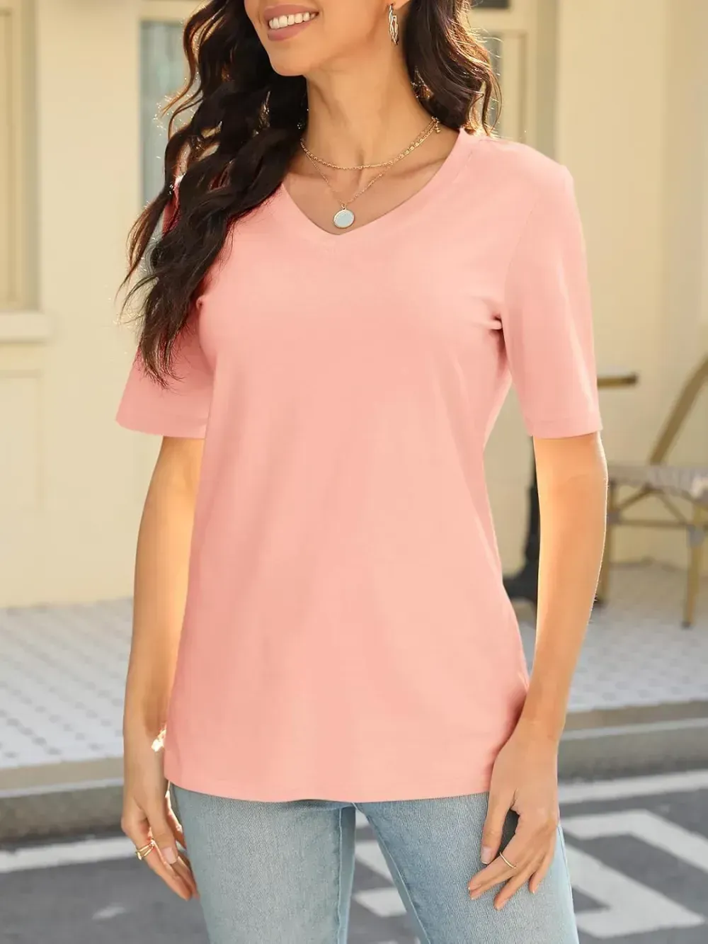 ORANDESIGNE Women's Color Block Short Sleeve T Shirts Casual V Neck Summer Tops Tees Loose Fit Blouses