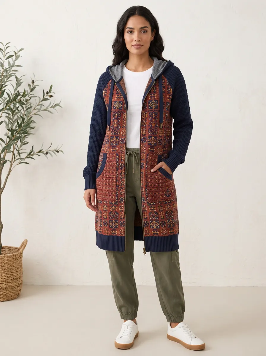 Women's Bohemian Patterned Waffle Knit Hooded Cardigan