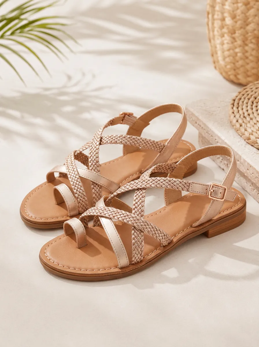 Buckle-Strap Braided-Strap Ankle-Strap Toe-Ring Women's Summer Sandals