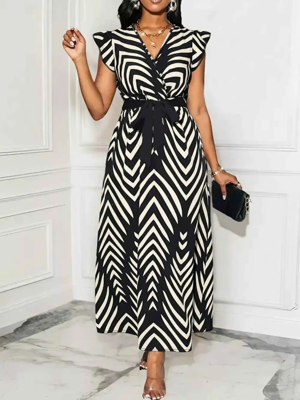 Plus Size Chevron Printed Wrap Maxi Dress
