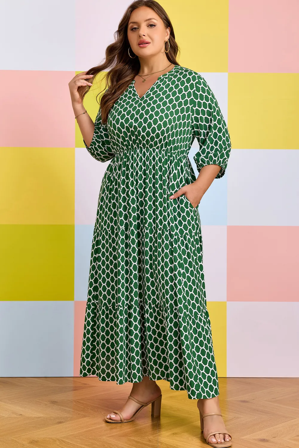 Green Geometric Ruffle Hem Dress