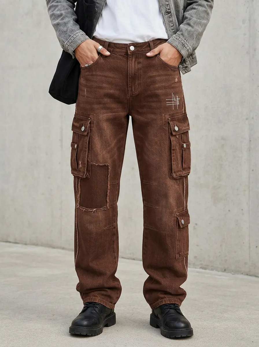 Men's Streetwear Distressed Patchwork Printed Cargo Jeans