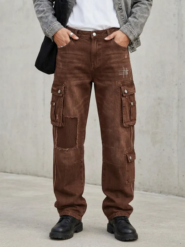 Men's Streetwear Distressed Patchwork Printed Cargo Jeans