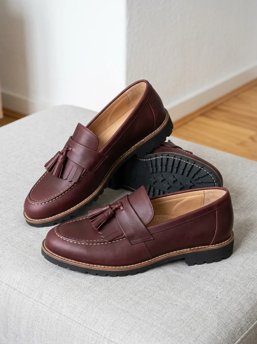 Unisex Burgundy Tassel Leather Loafers