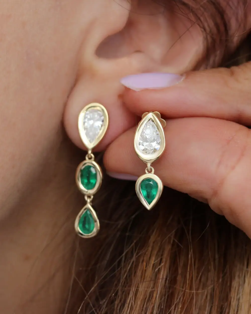 Pear Diamond And Emerald Bezel Set Short Drop Earrings