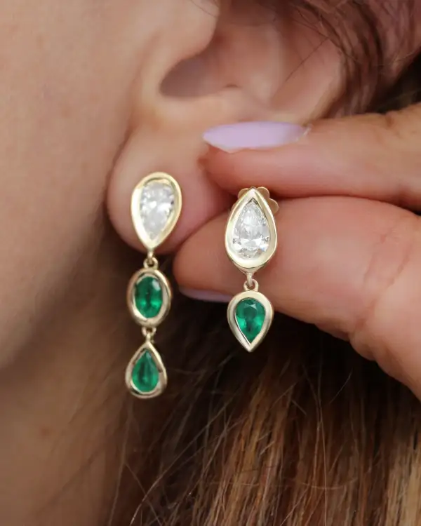 Pear Diamond And Emerald Bezel Set Short Drop Earrings