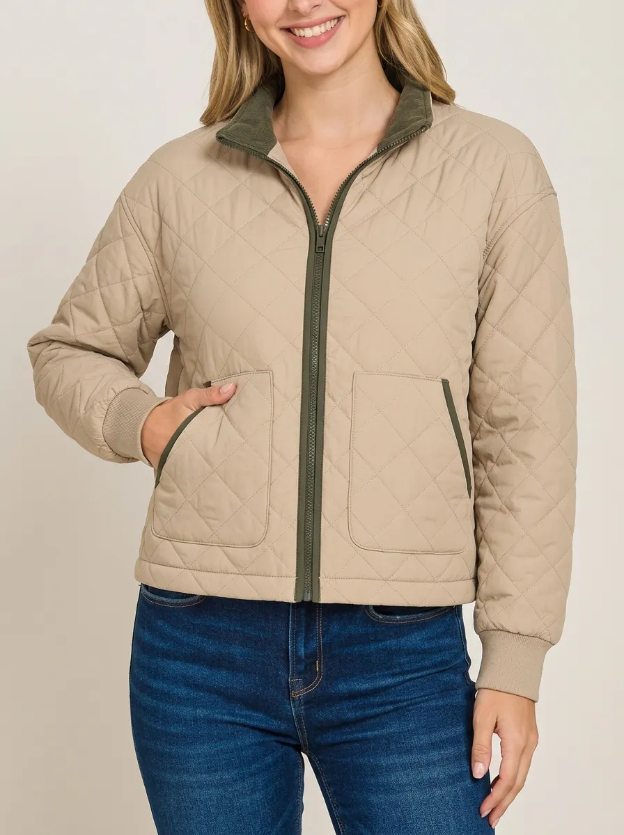 Women's Beige Diamond-Quilted Olive-Trim Rib-Cuff Jacket
