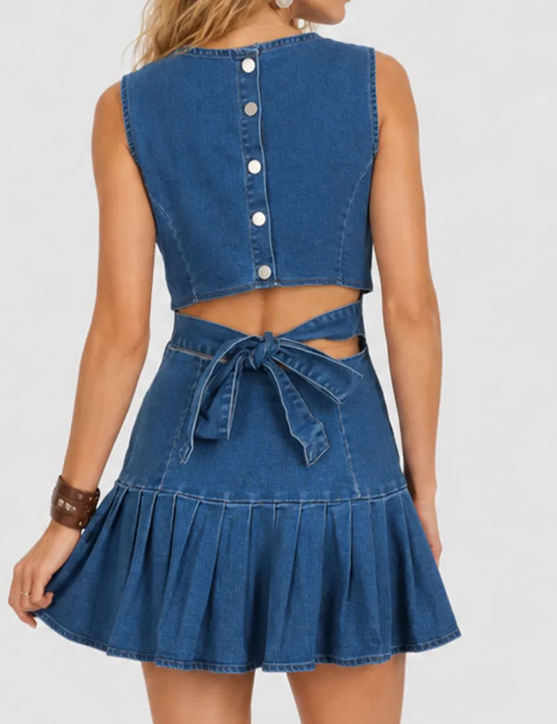 Back Pleated Sleeveless Denim Mini Dress