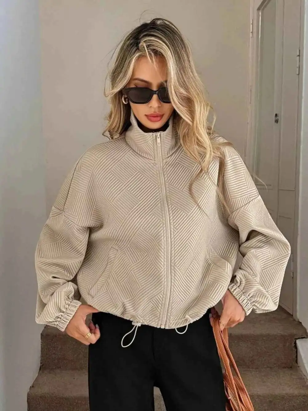 Drawstring Hem Textured Long Sleeve Jacket