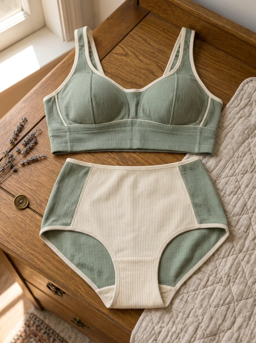 Women's Ribbed Colorblock And High Contrast Trim Lingerie Set