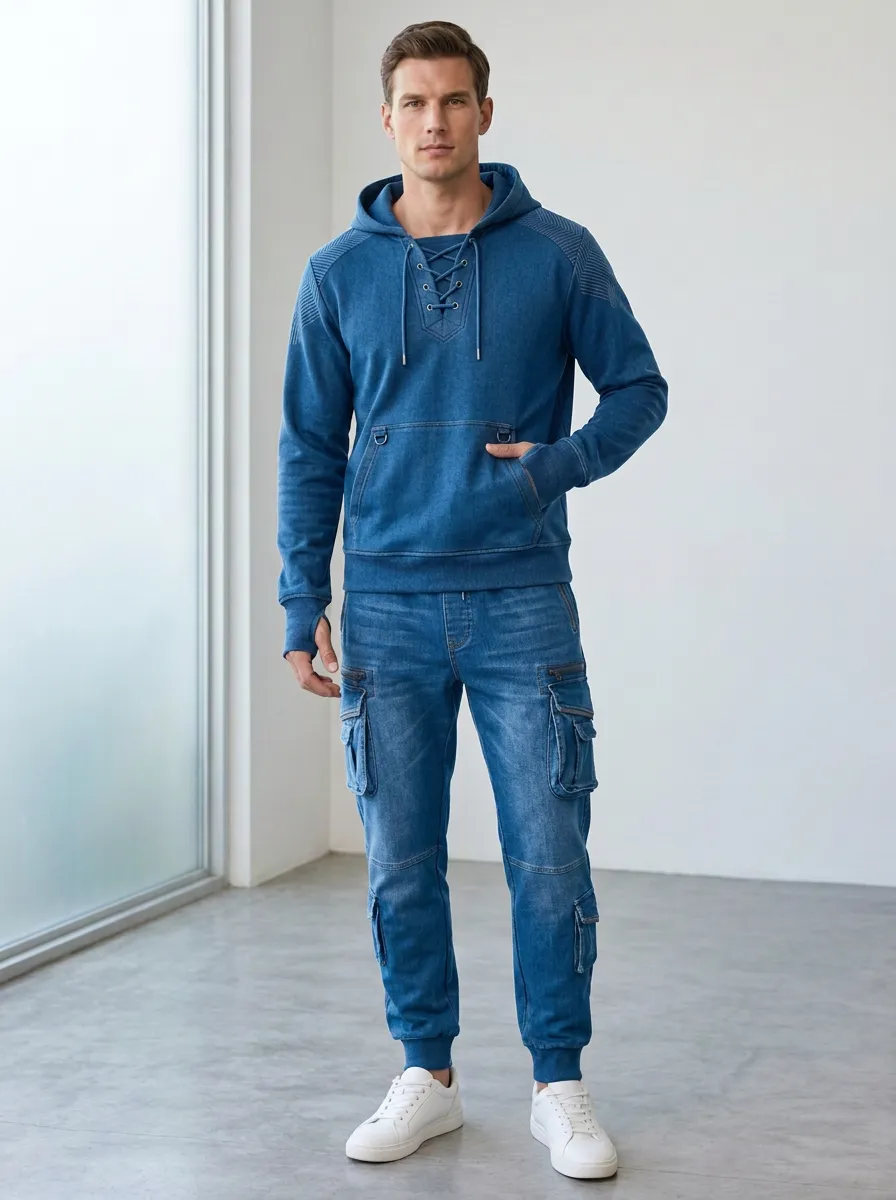 Core Lace-Up Multi Pocket Modern Look Men's Lace Up Hoodie And Cargo Jogger Set