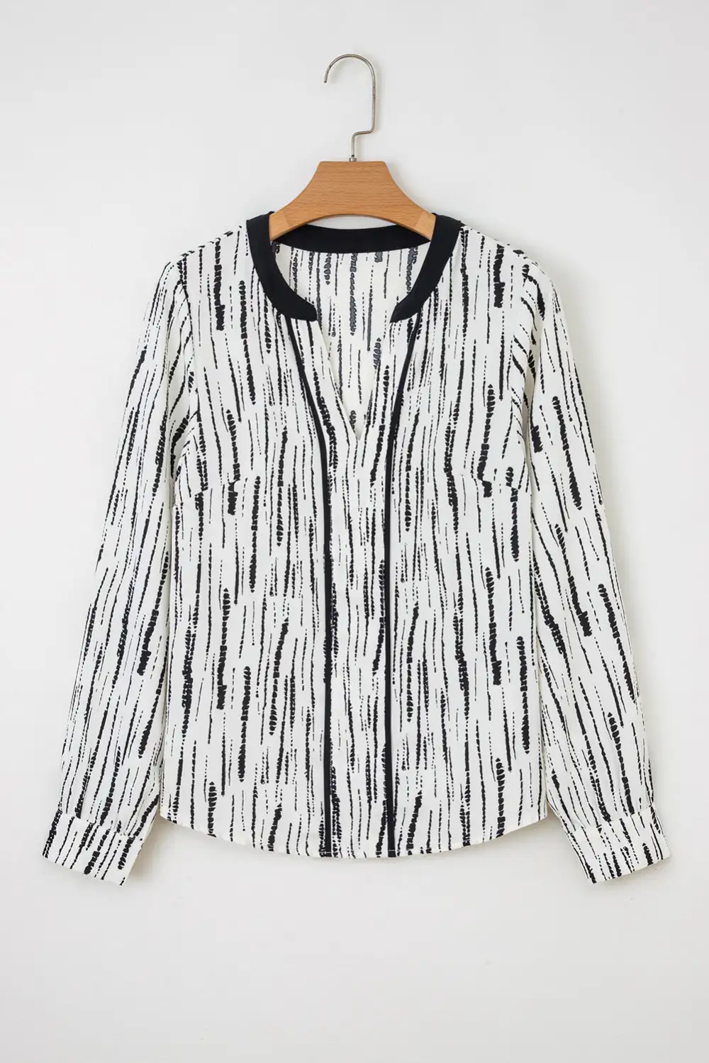 White Abstract Printed V Neck Fall Blouse