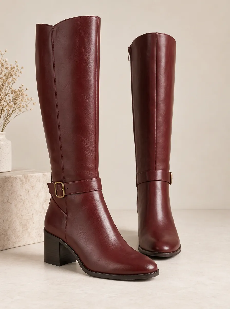 Women's Utility Knee High Boots Buckle Strap Faux Leather