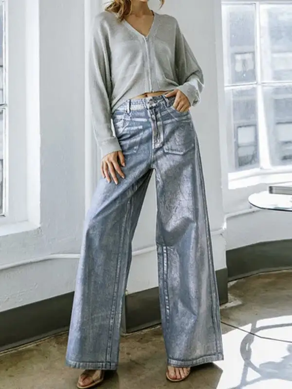 Printed High Waist Relaxed Fit Wide Leg Seamed Jeans