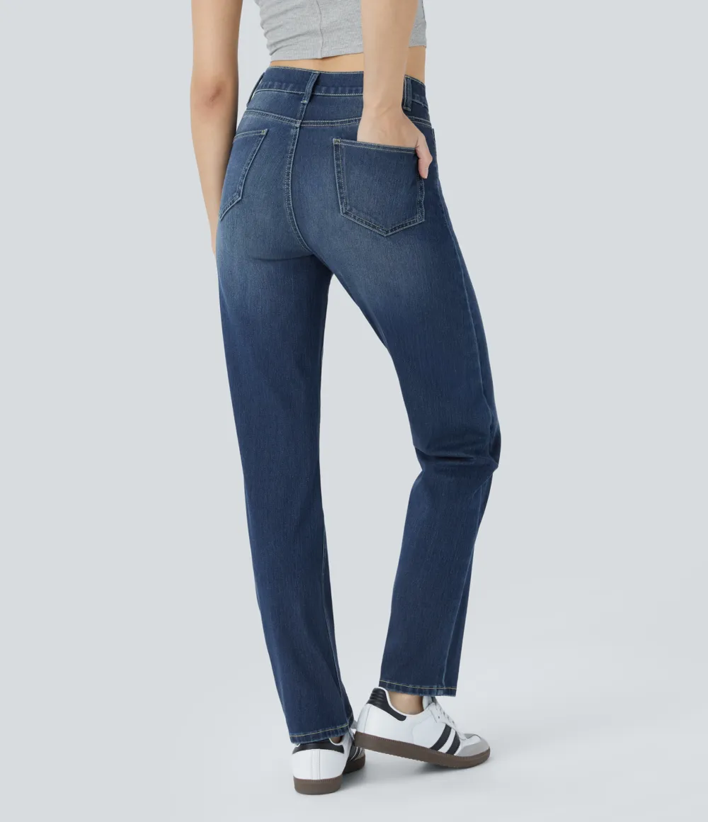Magic High Waisted Multiple Pockets Straight Leg Washed Stretchy Knit Casual Jeans