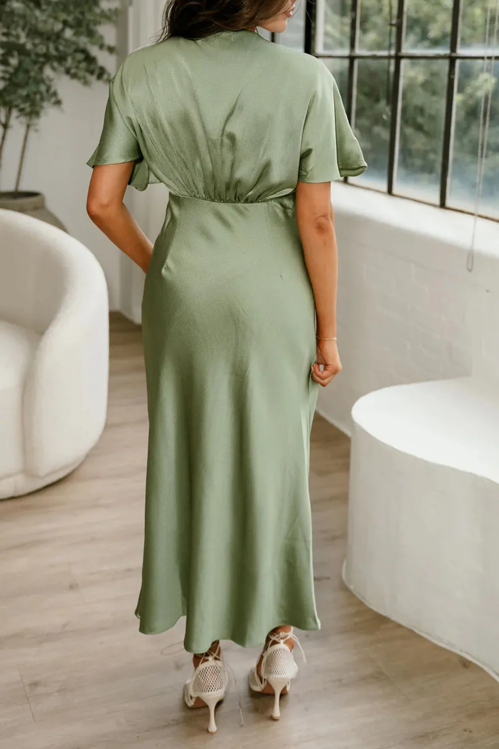 V-Neck Short Sleeve Satin Dress