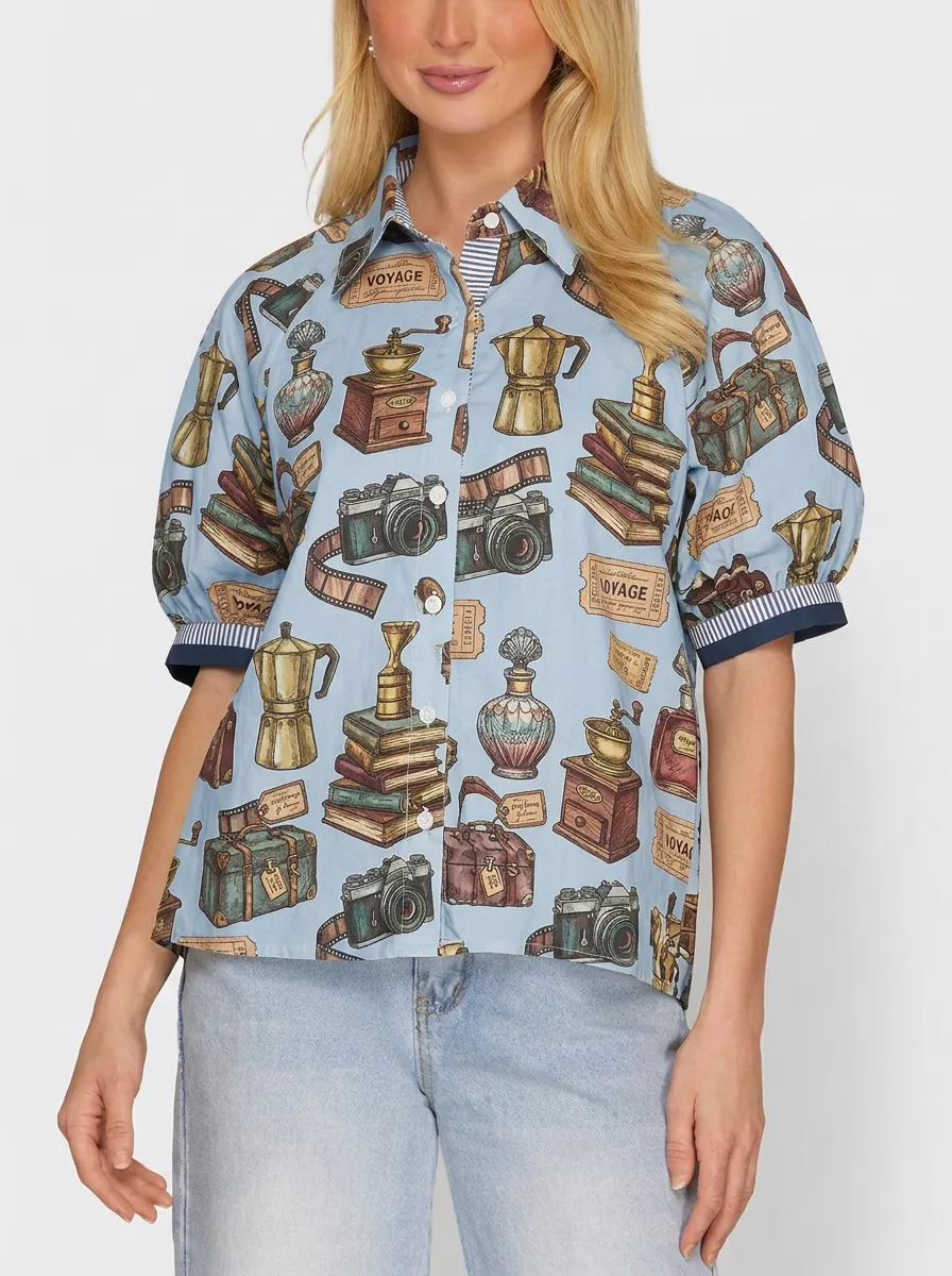 Women's Vintage Travel Lover Camera Coffee Books Printed Shirt