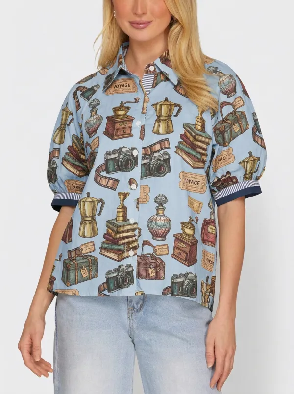 Women's Vintage Travel Lover Camera Coffee Books Printed Shirt