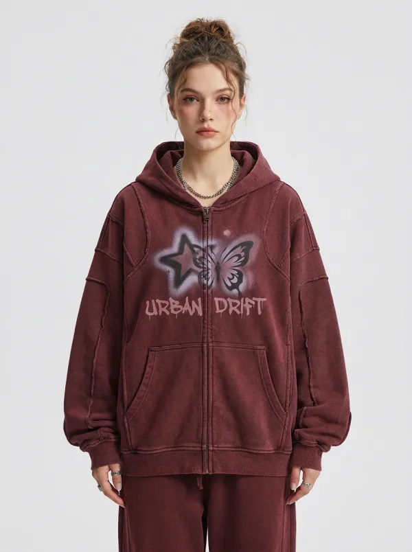 Women's Streetwear Urban Drift Butterfly Star Printed Zip-up Hoodie