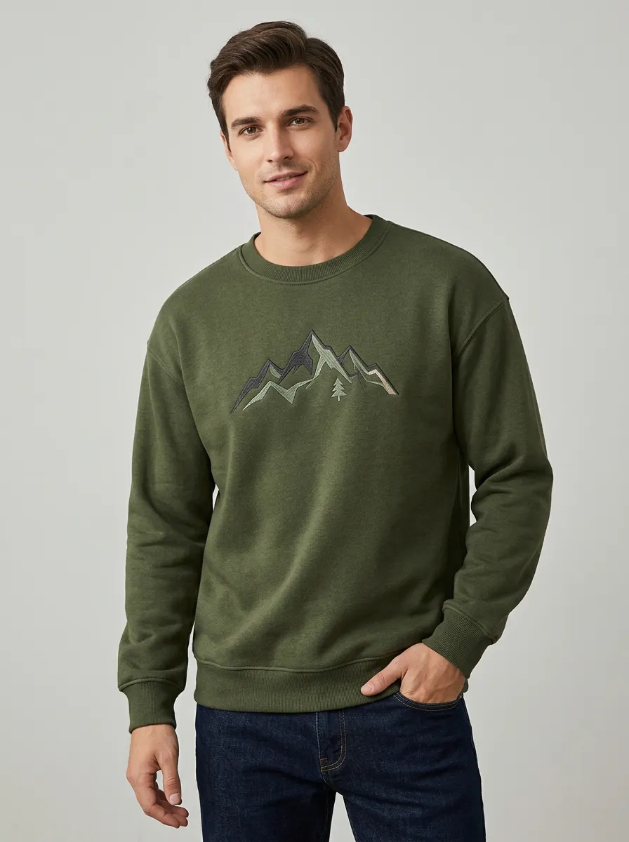 Men's Olive Green Pine Tree Fleece Sweatshirt