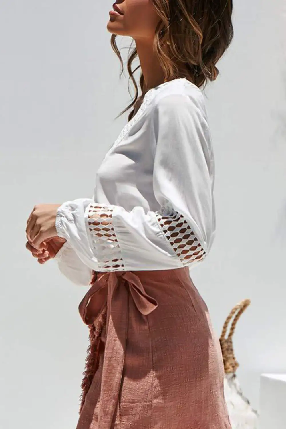 Deep V Neck Crochet Hollow Out Blouse