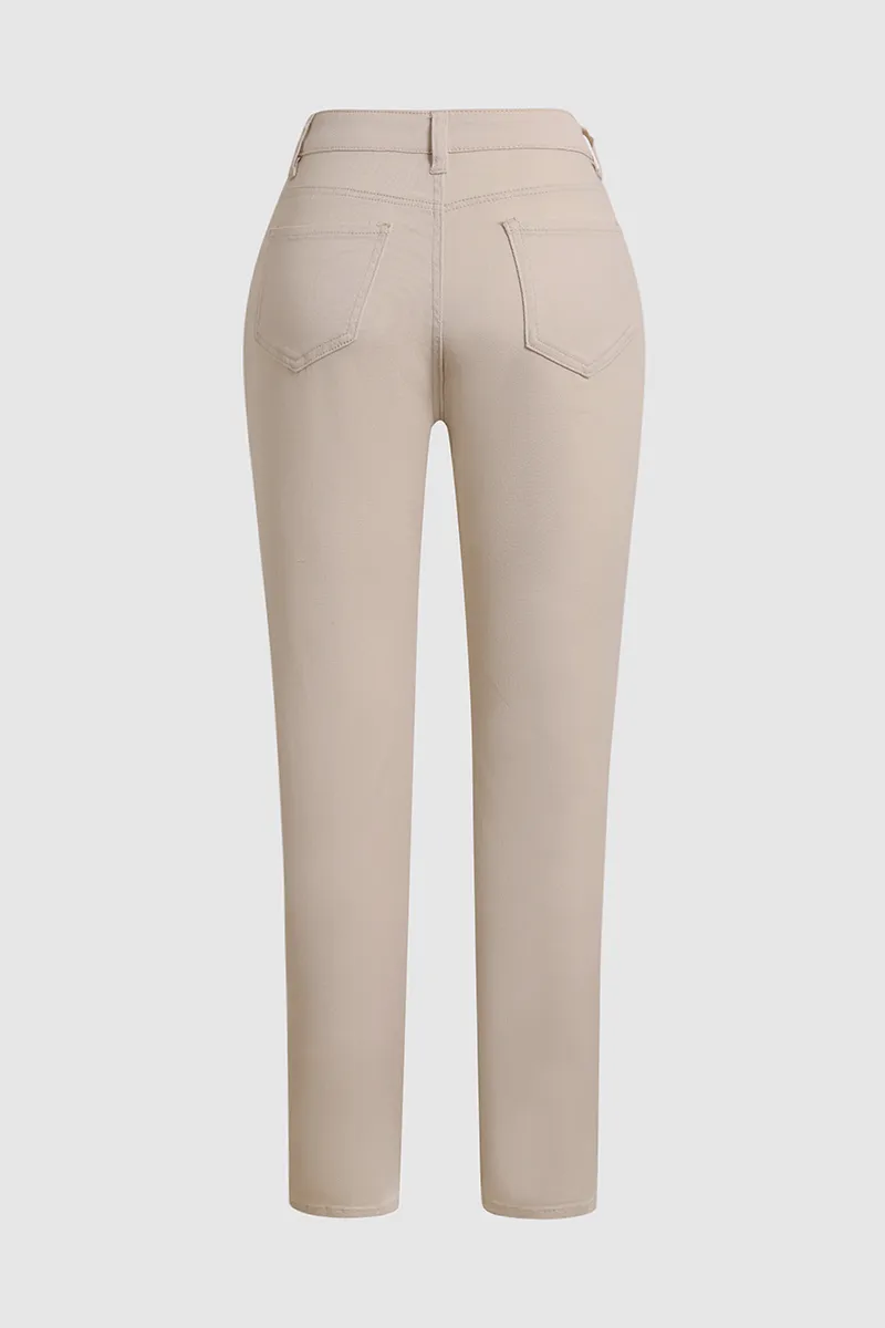 Solid Button Fly Slant Pocket Jeans