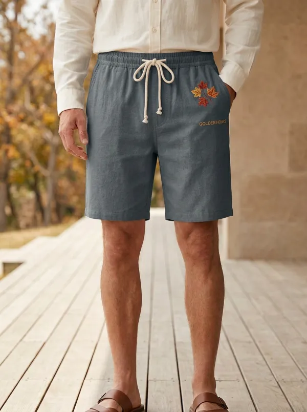 Embroidered Leaf Detail Drawstring Drawstring Shorts