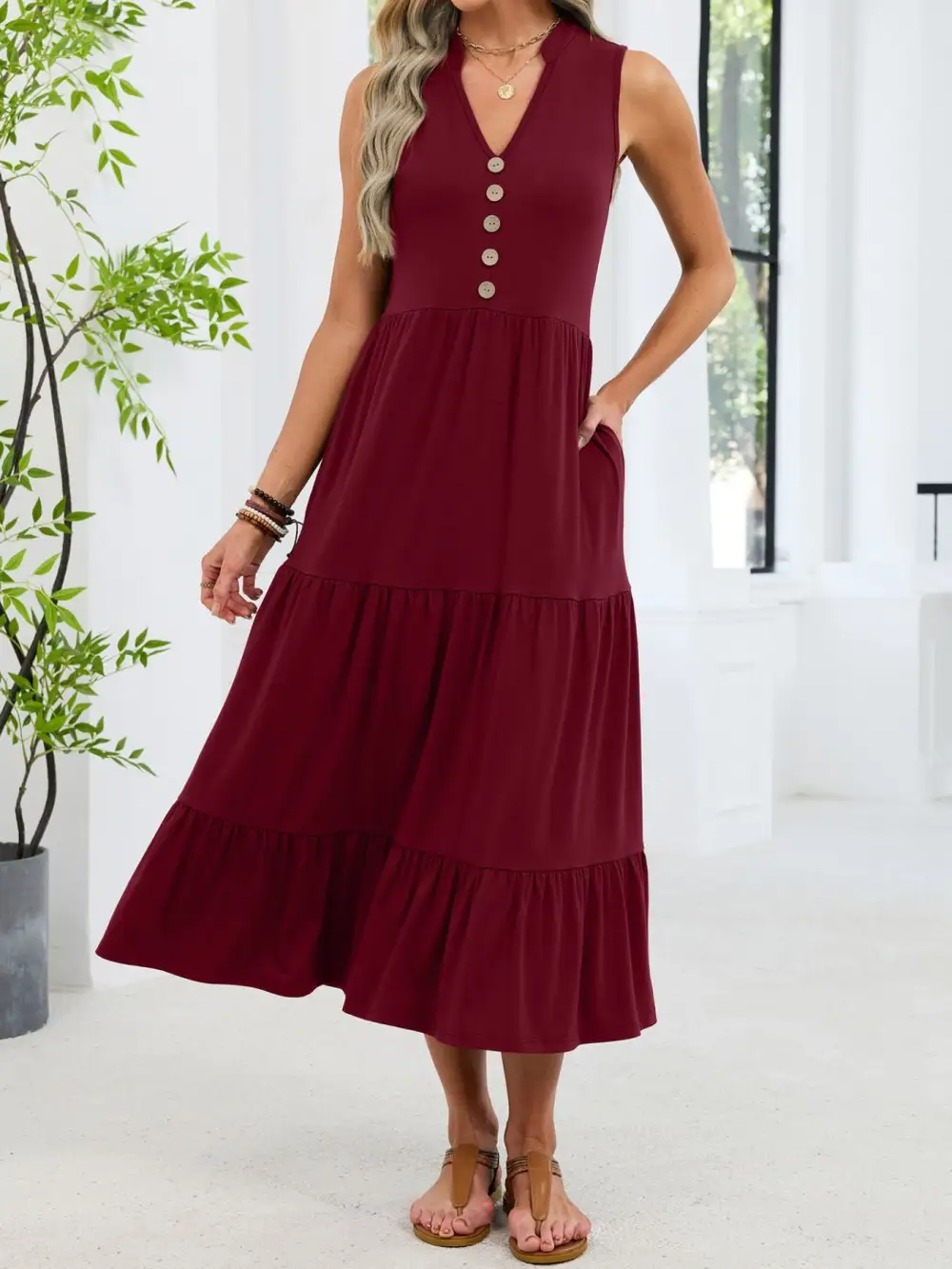 Sleeveless Notched Tiered Midi Dress